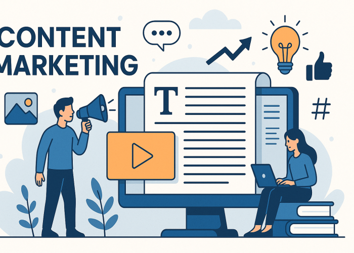 Digital marketer working on content marketing strategy on laptop with charts and writing tools