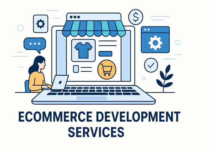Illustration of ecommerce development showing an online store interface, shopping cart icon, product layout, and a person using a laptop.