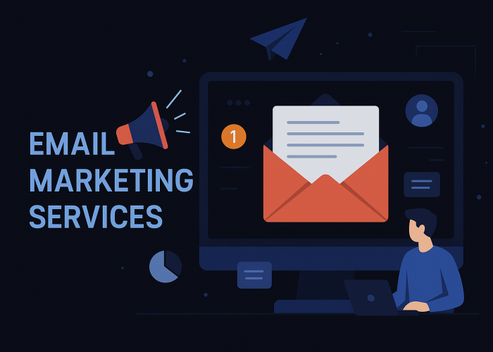 Dark-themed illustration of email marketing services showing an open email, notification icon, and a marketer working on a laptop.