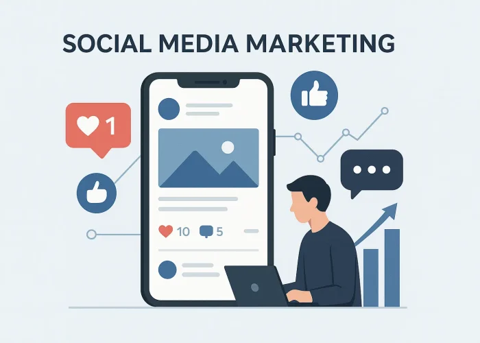 Illustration of social media marketing showing a smartphone feed, engagement icons, notifications, and a marketer analyzing growth.