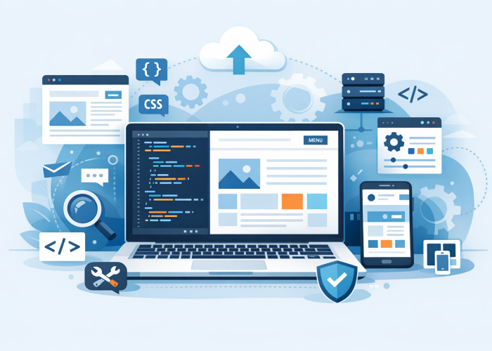 Illustration of web development showing code on laptop and website layout for responsive design services.